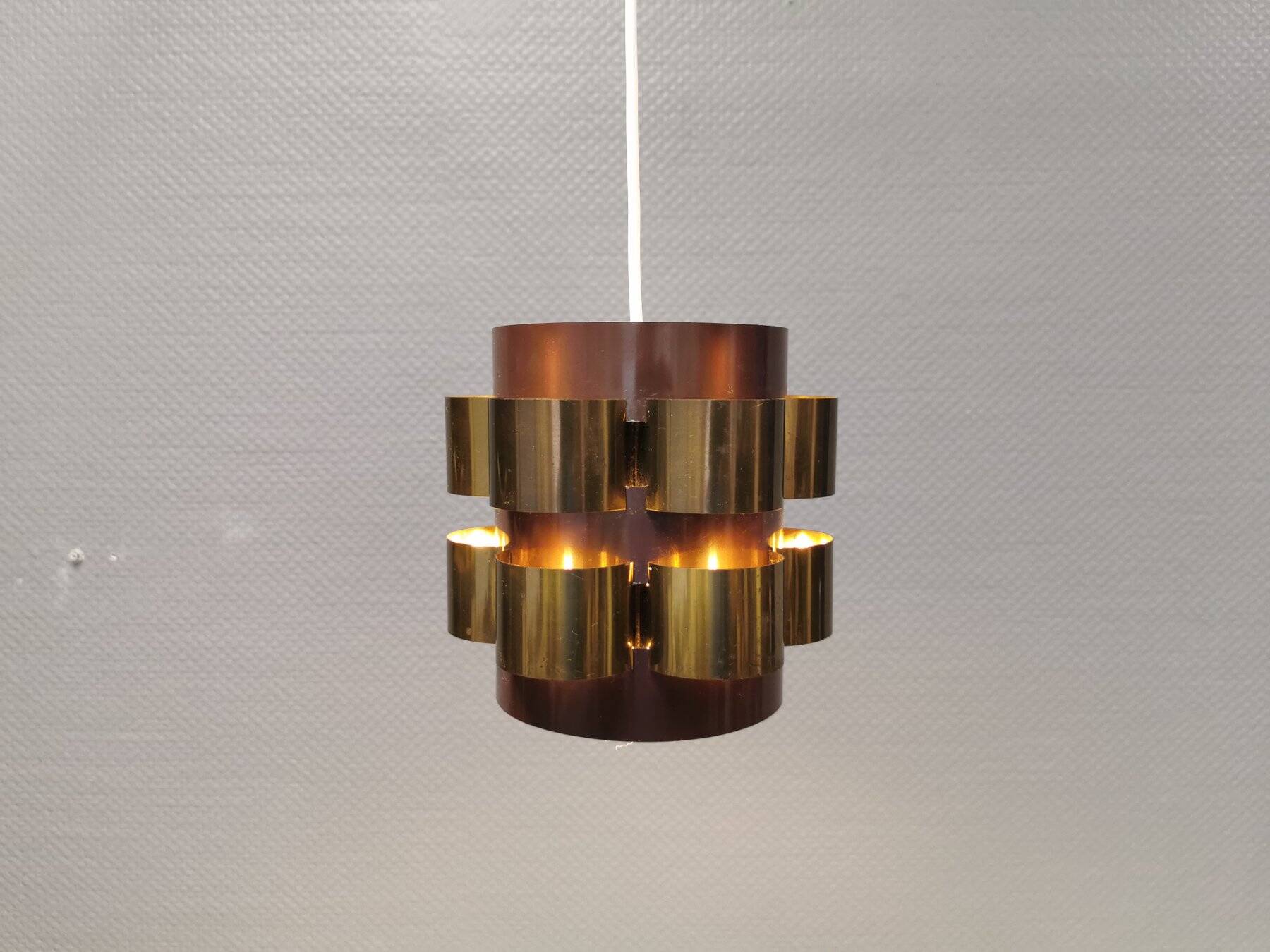 Danish cylindrical hanging lamp in brown and gold 1980s