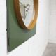 Unusual round wall mirror, 60 cm, teak edge on a green rectangular board, 1960s