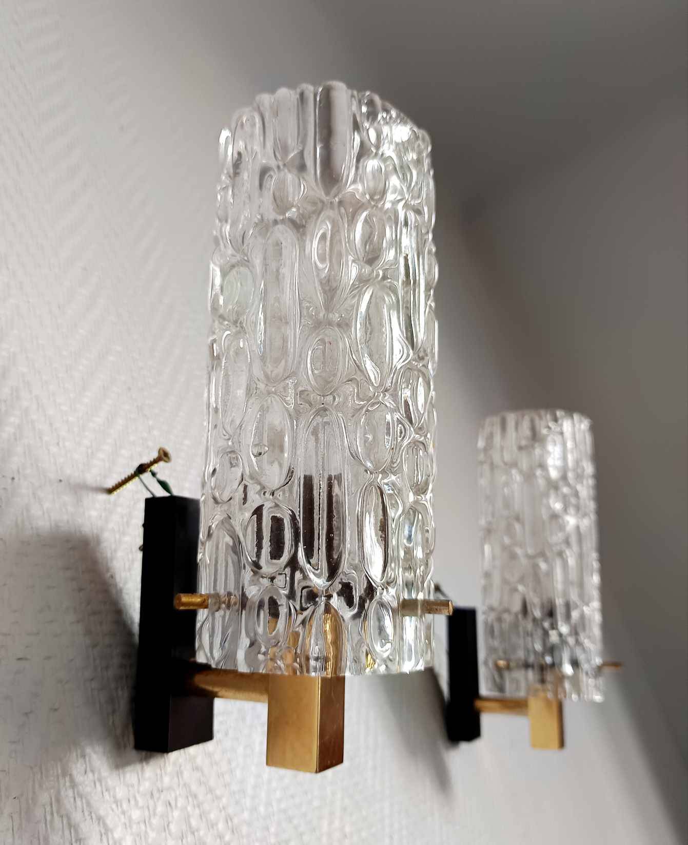 Pair of 1950s brass and glass wall lights