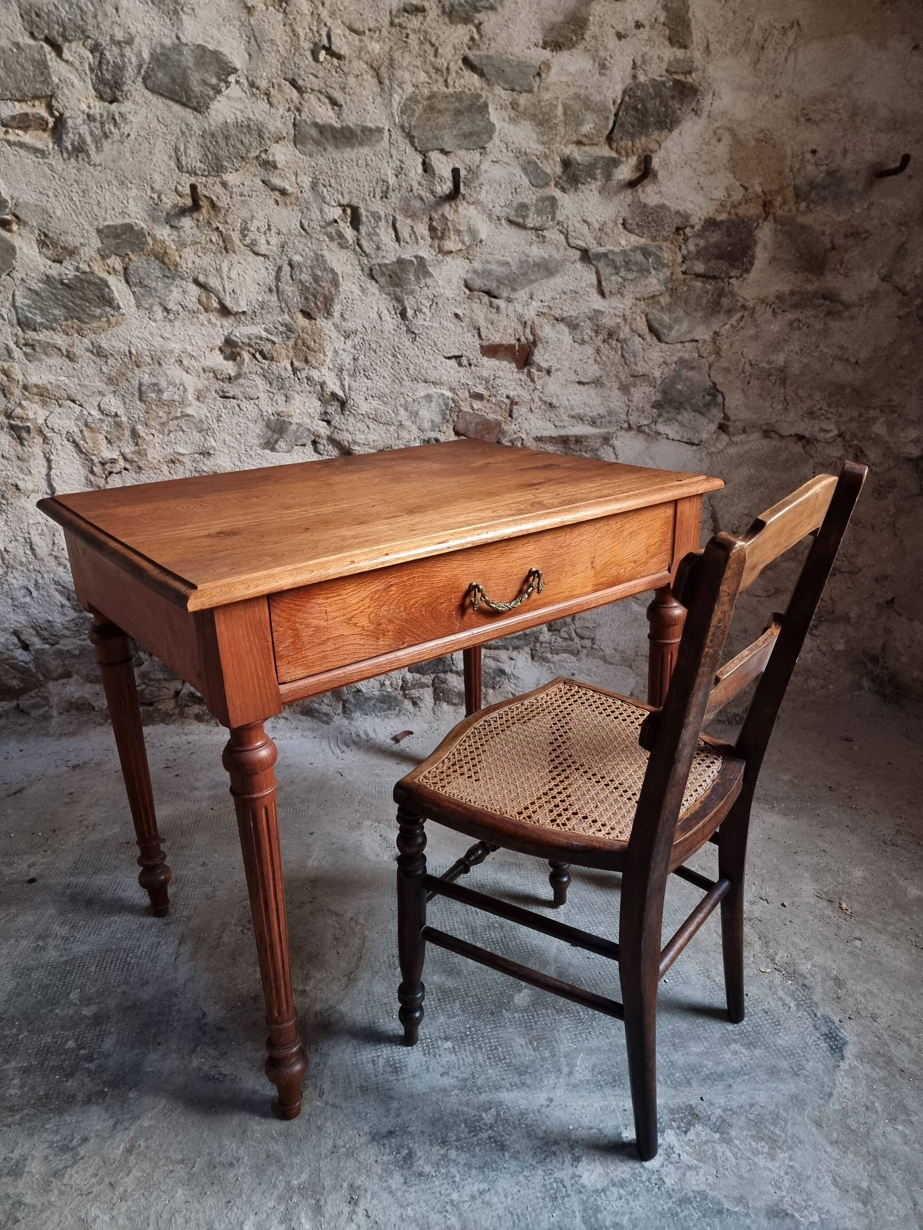 Antique oak writing table with drawer, French side table, console, solid oak desk, circa 1930–1950.