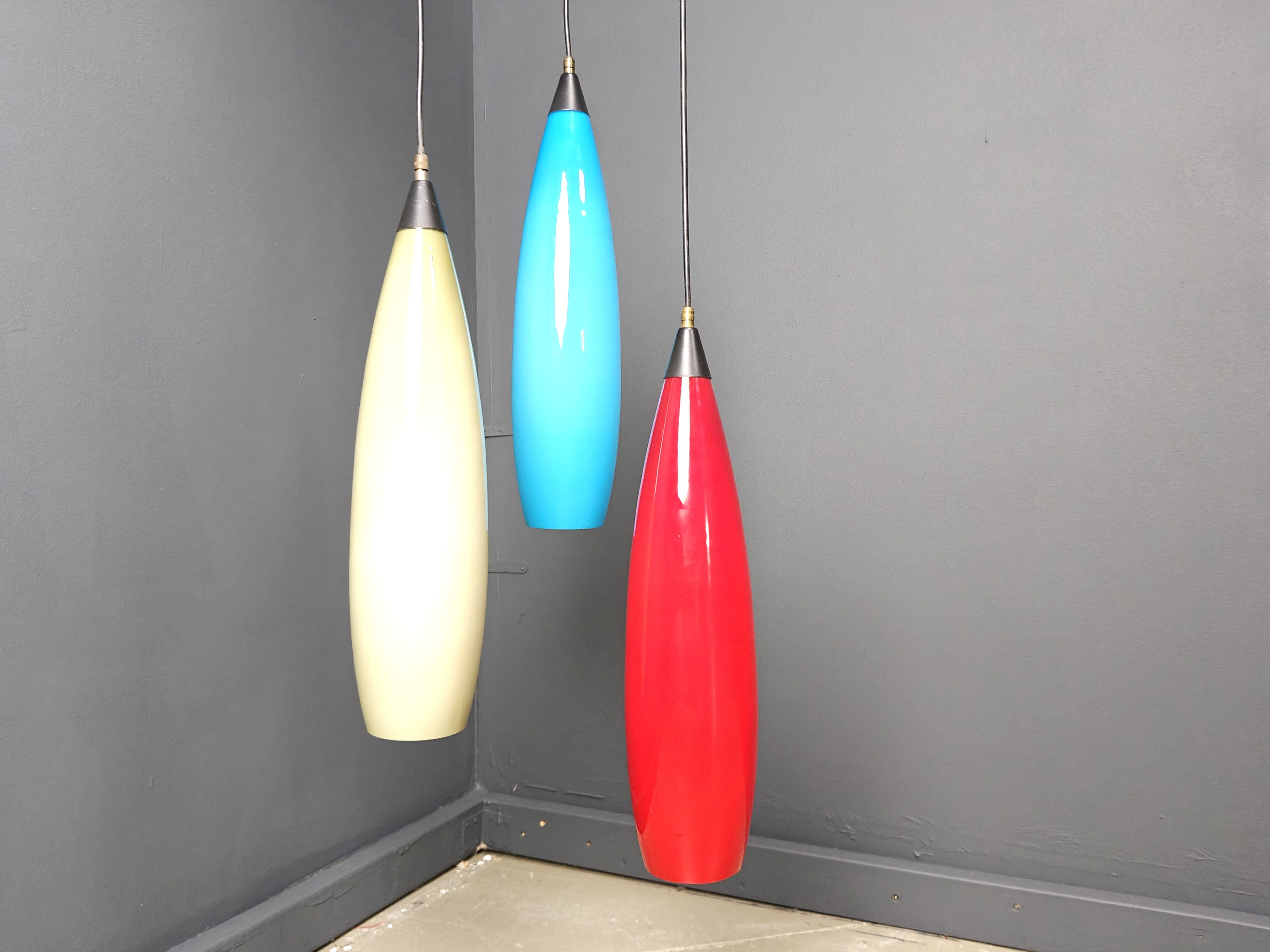 Vintage 3 glass pendant lights by Vistosi, 1970s