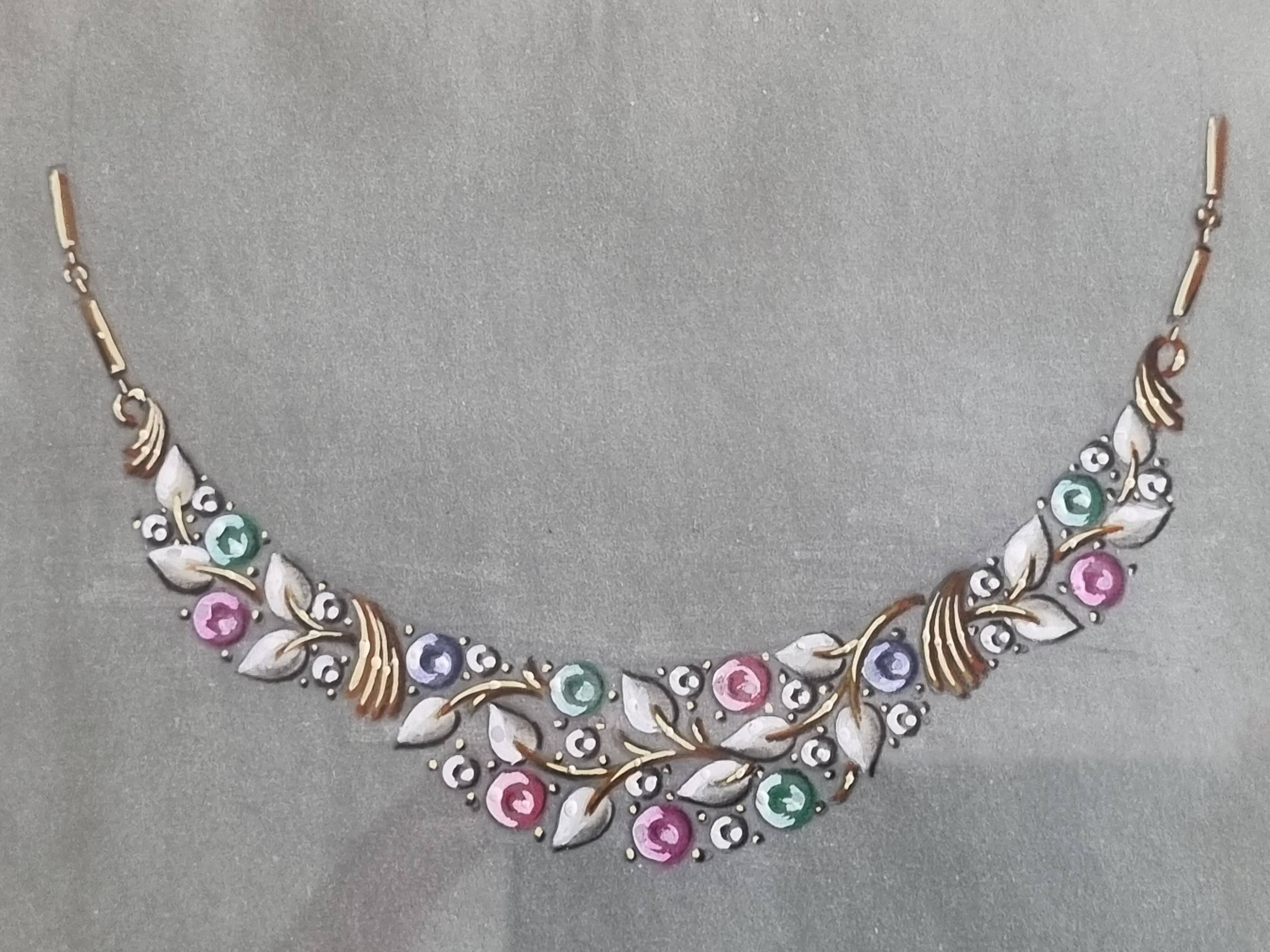 Original gouache from the 1930s, prototype of a unique jewel, New York jeweler, 24 x 28 cm
