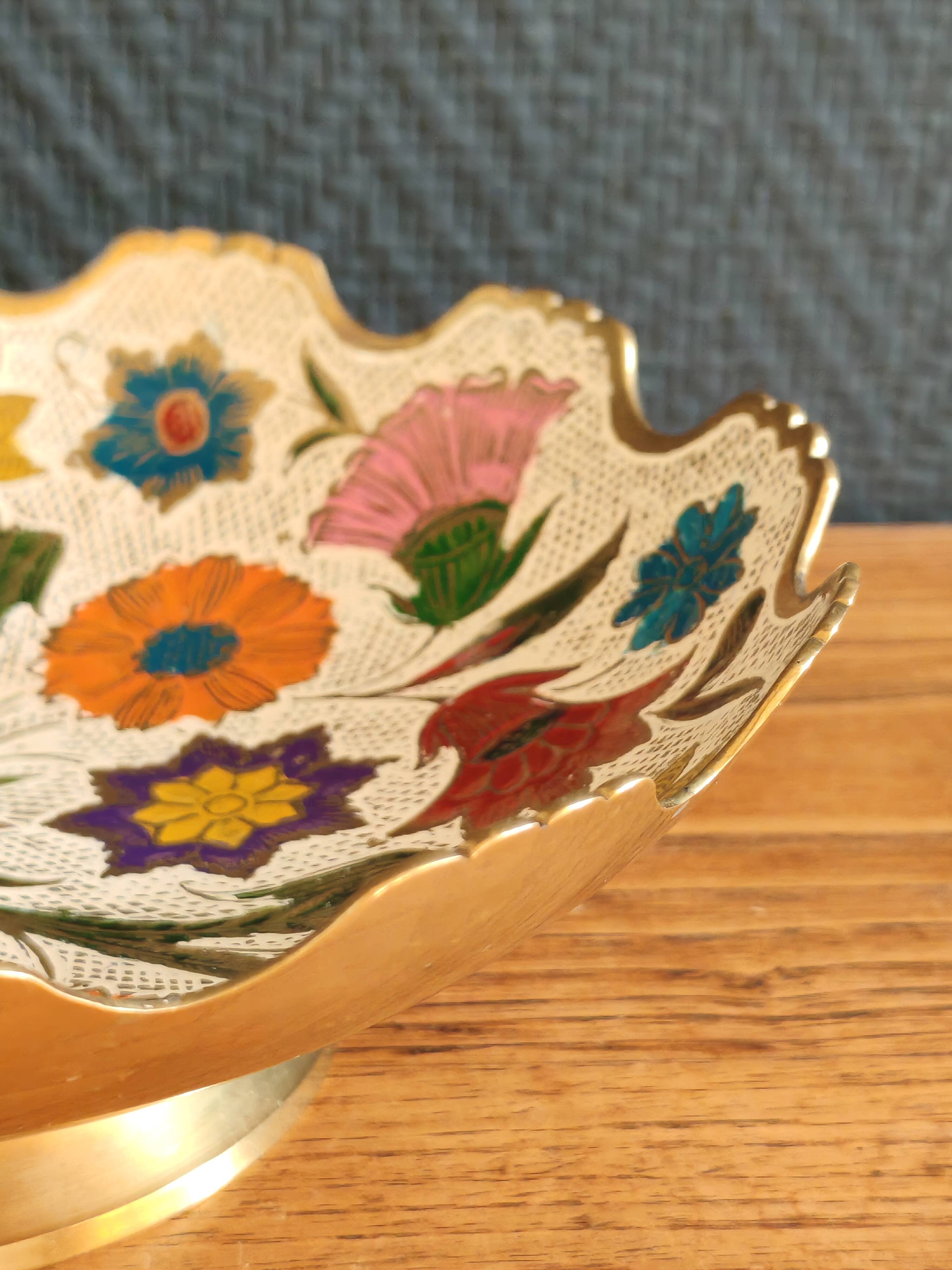 Vintage Enamelled Brass Fruit Bowl – Floral Centrepiece with Edge Fe