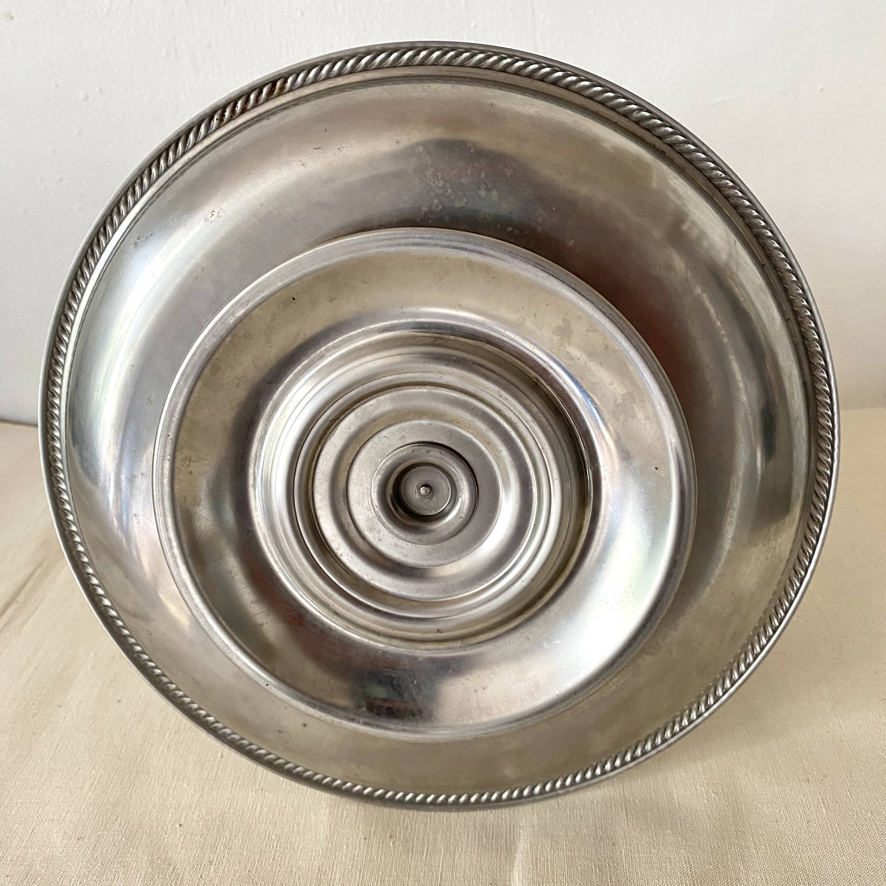 Vintage tiered display stand, stainless steel rotating server Alessi Fratelli