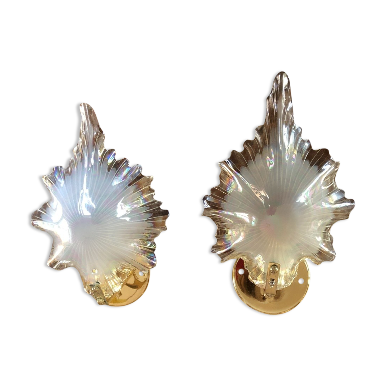 Pair of wall lamps iridescent glass shape of shells support brass XXth century