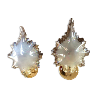 Pair of wall lamps iridescent glass shape of shells support brass XXth century