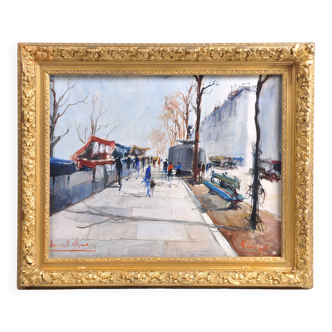 Oil painting of booksellers on the quays of Paris, 1948