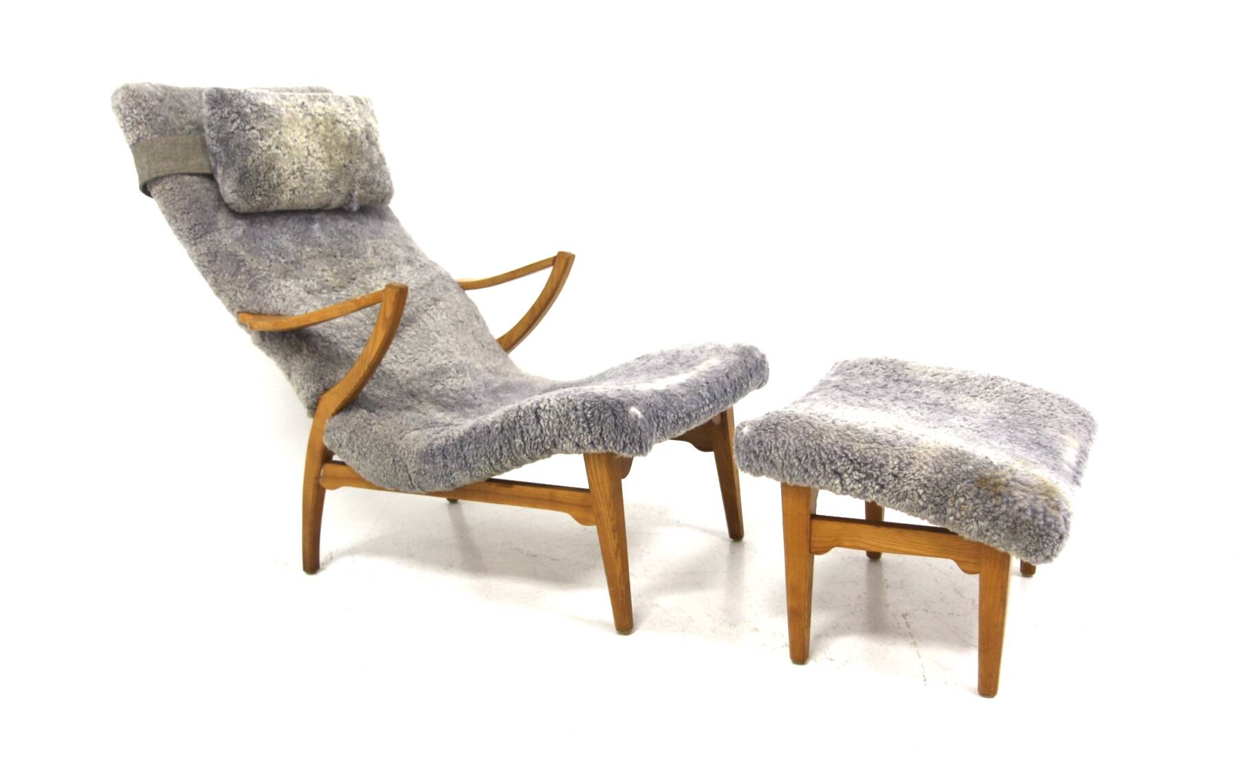 Scandinavian sheepskin armchair and footstool, Sweden, 1960