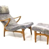 Scandinavian sheepskin armchair and footstool, Sweden, 1960