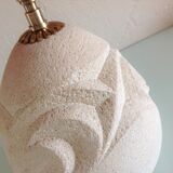 Ovoid lamp in carved stone and printed lampshade / vintage 60-70s