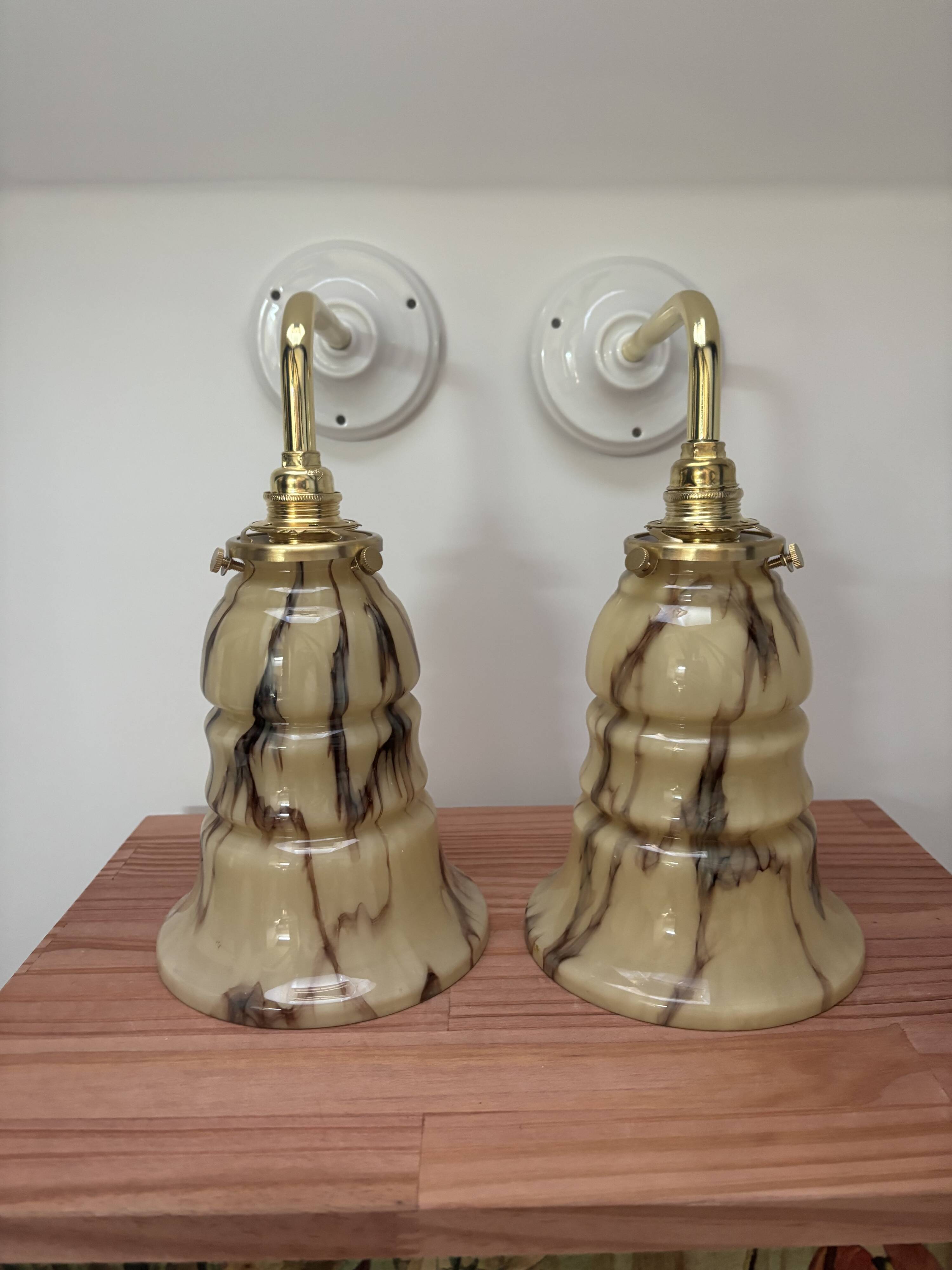 Pair of vintage marbled opaline wall sconces