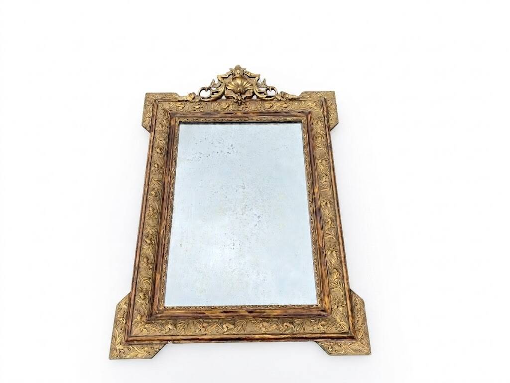 Antique mirror with gilded stucco, shell pediment, old glass, 95 cm