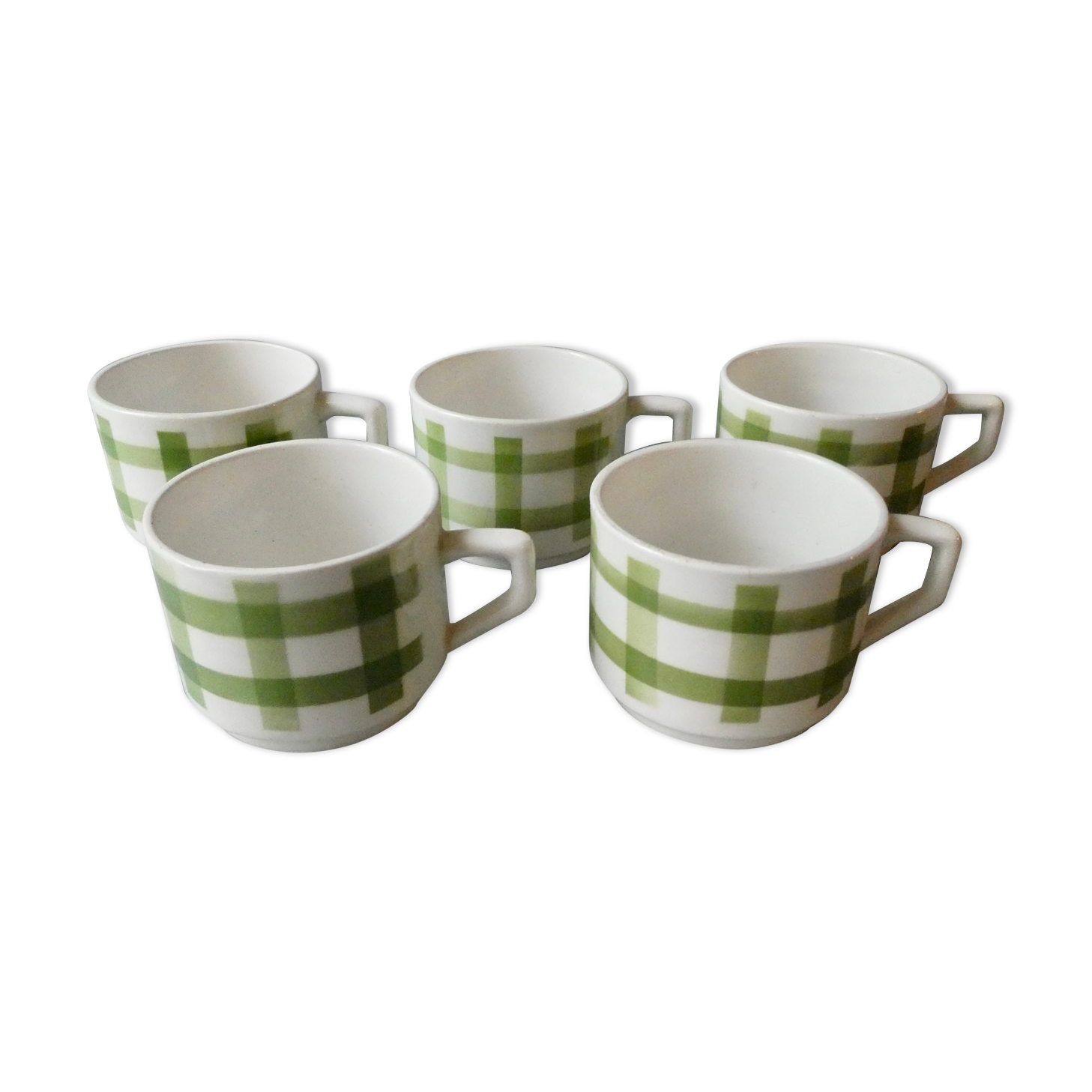 Lot de 5 tasses à café, décor torchon vert, années 70