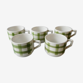 Lot de 5 tasses à café, décor torchon vert, années 70