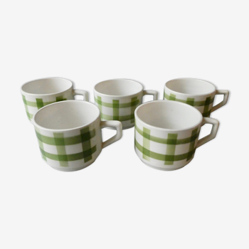 Set of 5 coffee cups, green tea towel décor, 70s