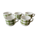 Lot de 5 tasses à café, décor torchon vert, années 70