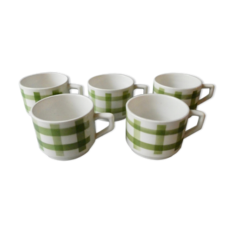 Lot de 5 tasses à café, décor torchon vert, années 70