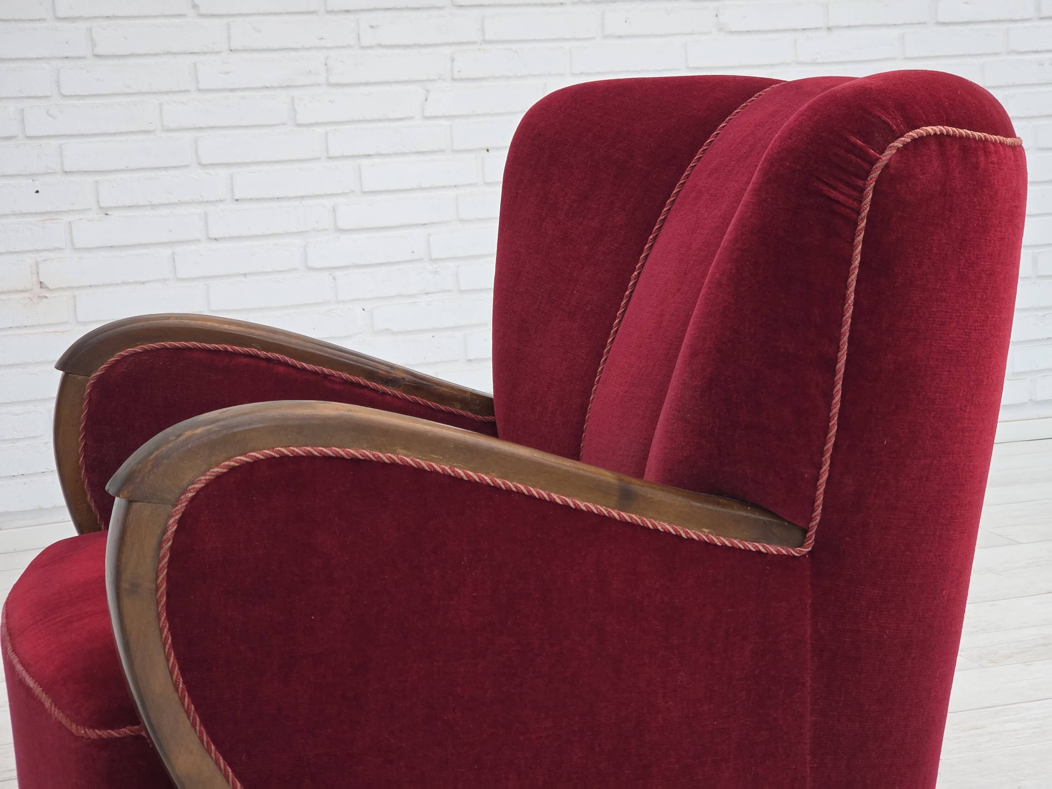 1950s, Danish relax armchair, cherry-red furniture velour, dark beech wood.