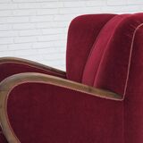 1950s, Danish relax armchair, cherry-red furniture velour, dark beech wood.