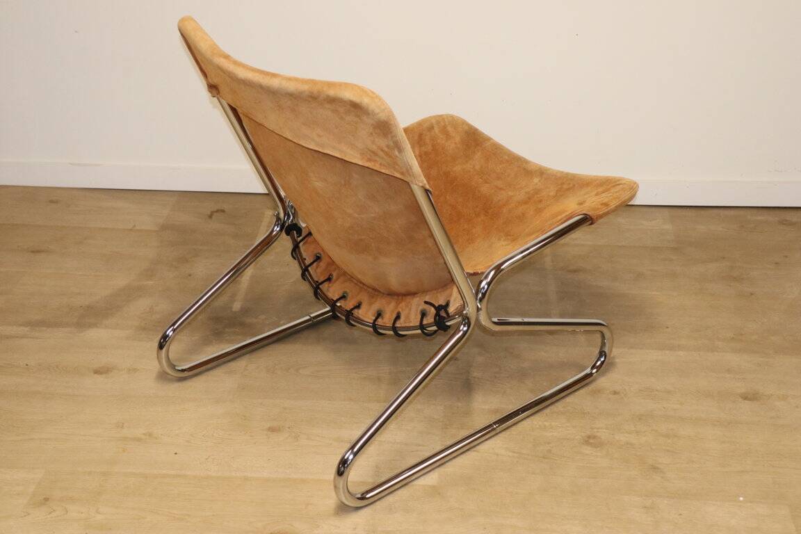 Vintage Suede and Chrome Metal Armchair, 1970s