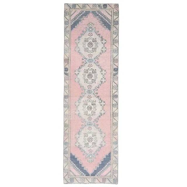 Vintage Turkish Hand-Knotted Wool Cotton Pink Runner Rug 84x281