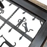 French brutalist coffee table, forged wrought iron, shepherd with dog and his herd, 1970s, transparent glass top