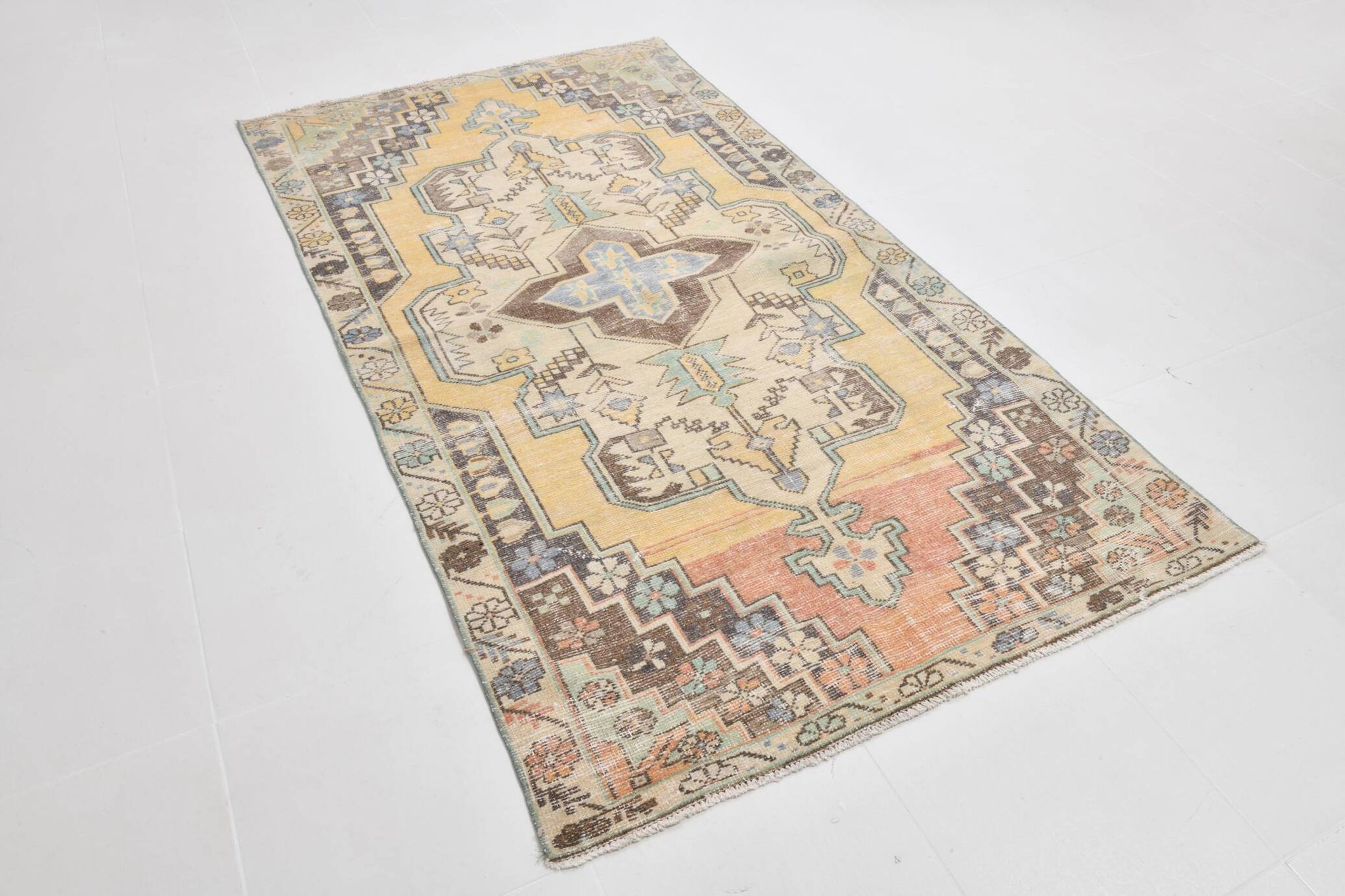 4x8 Mustard Yellow Wool Turkish Rug, Handmade Rug, 125x230Cm