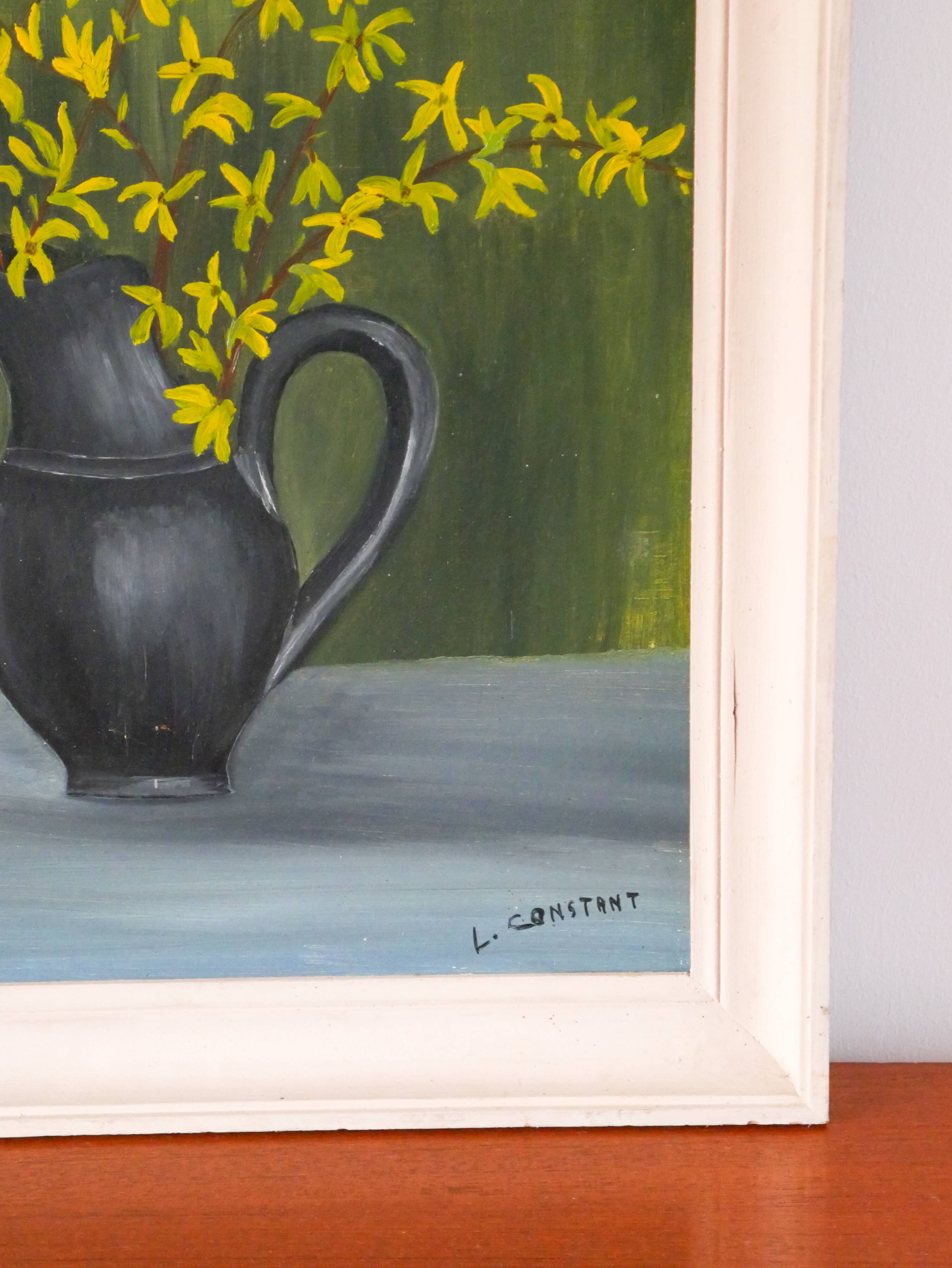 tableau huile sur panneau nature morte bouquet jaune signé 1950