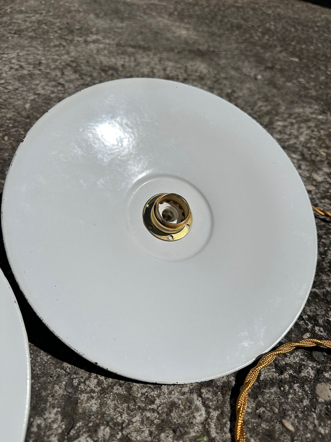 2 vintage enamelled sheet metal pendant lights
