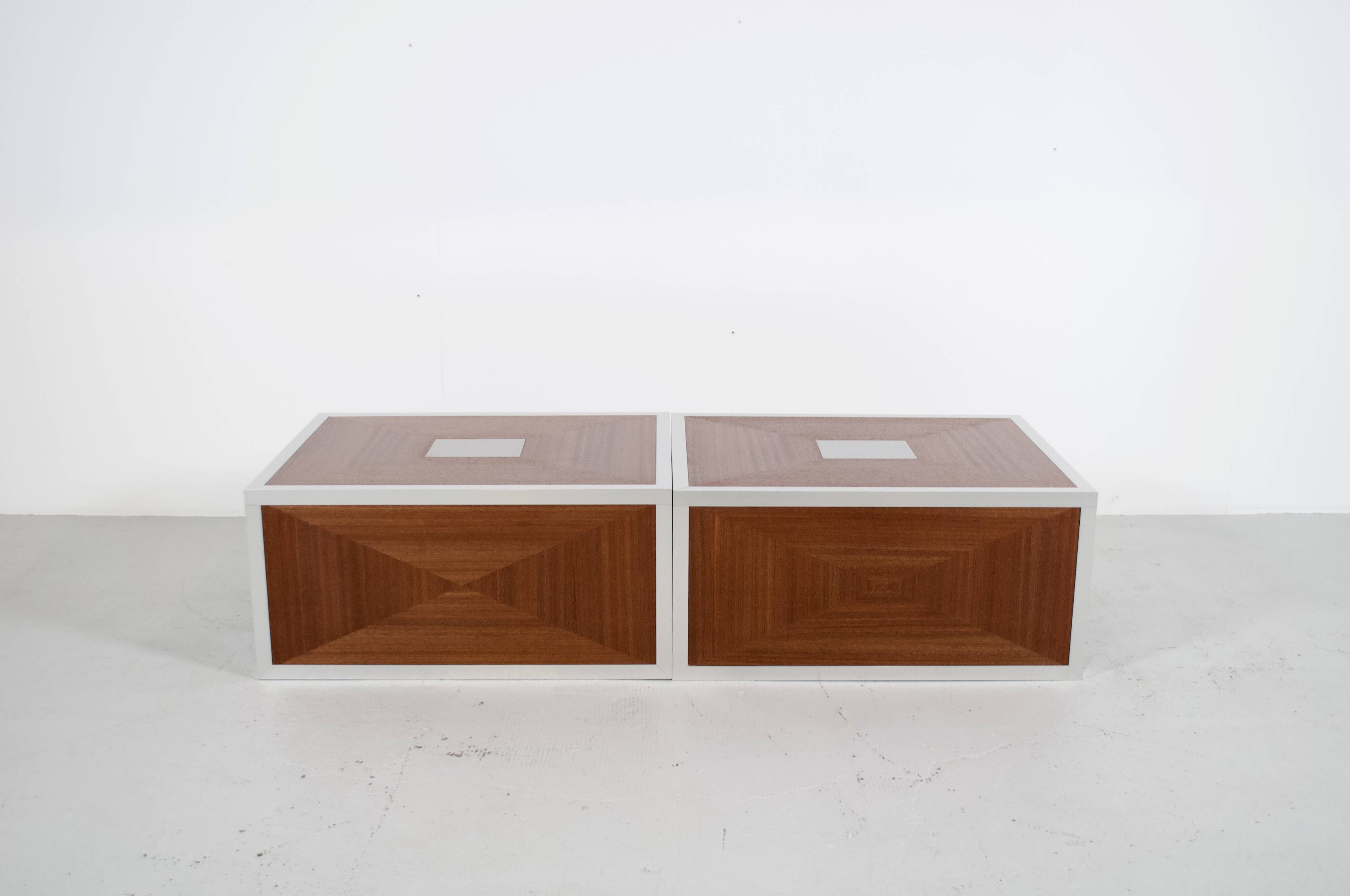 Pair of 70's aluminum and mahogany coffee/sofa end tables