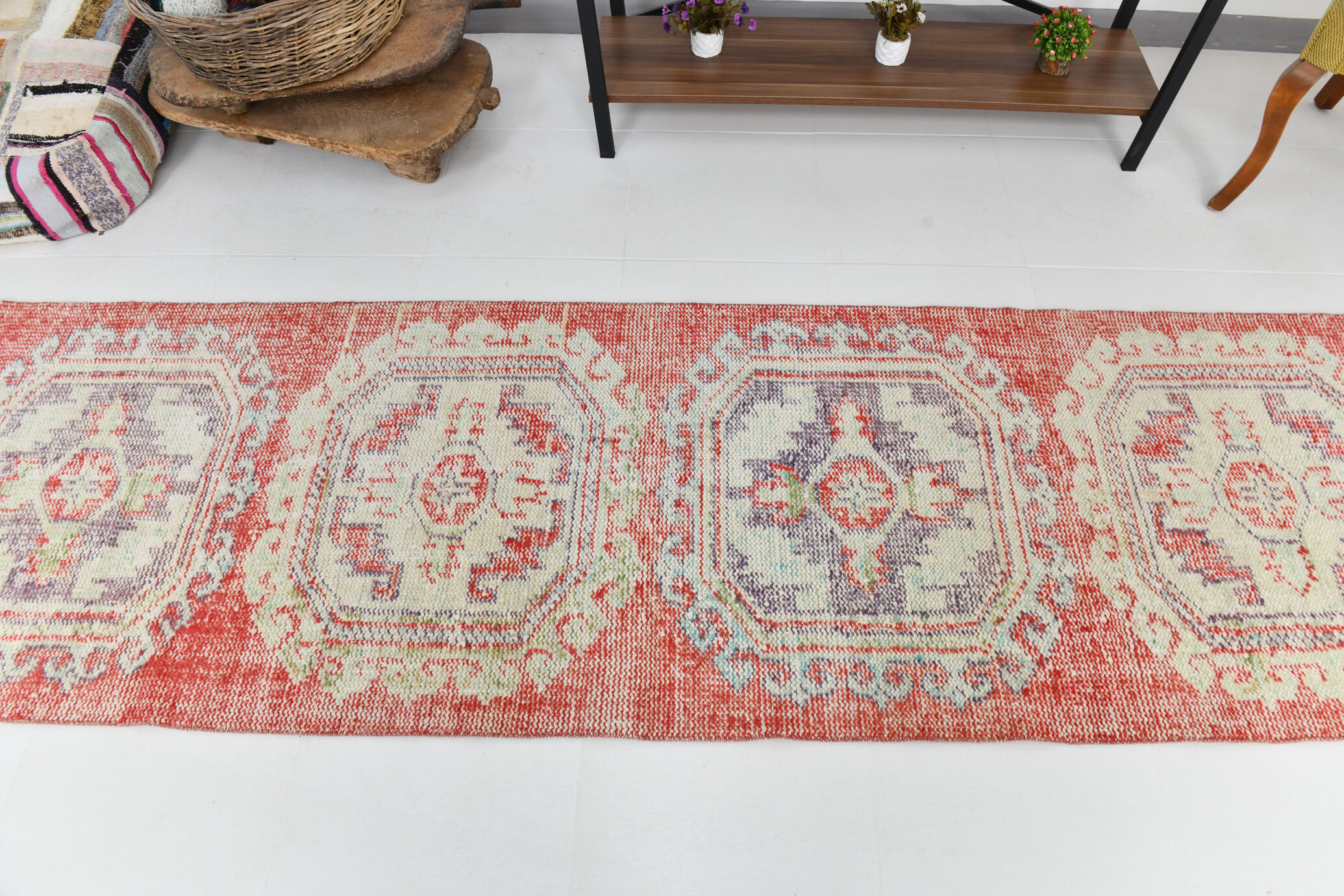 3x9 red & beige vintage runner rug 82x269cm