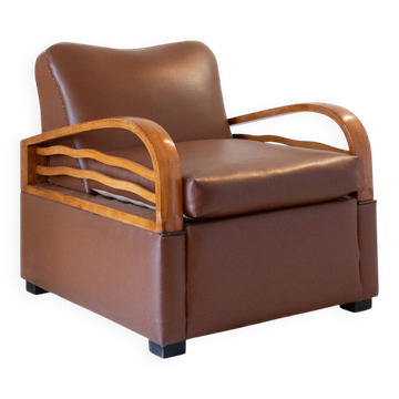 Fauteuil convertible Art Déco italien en éco-cuir marron.