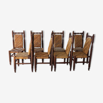 Series of 8 vintage chairs in wood and braided rope 1960
