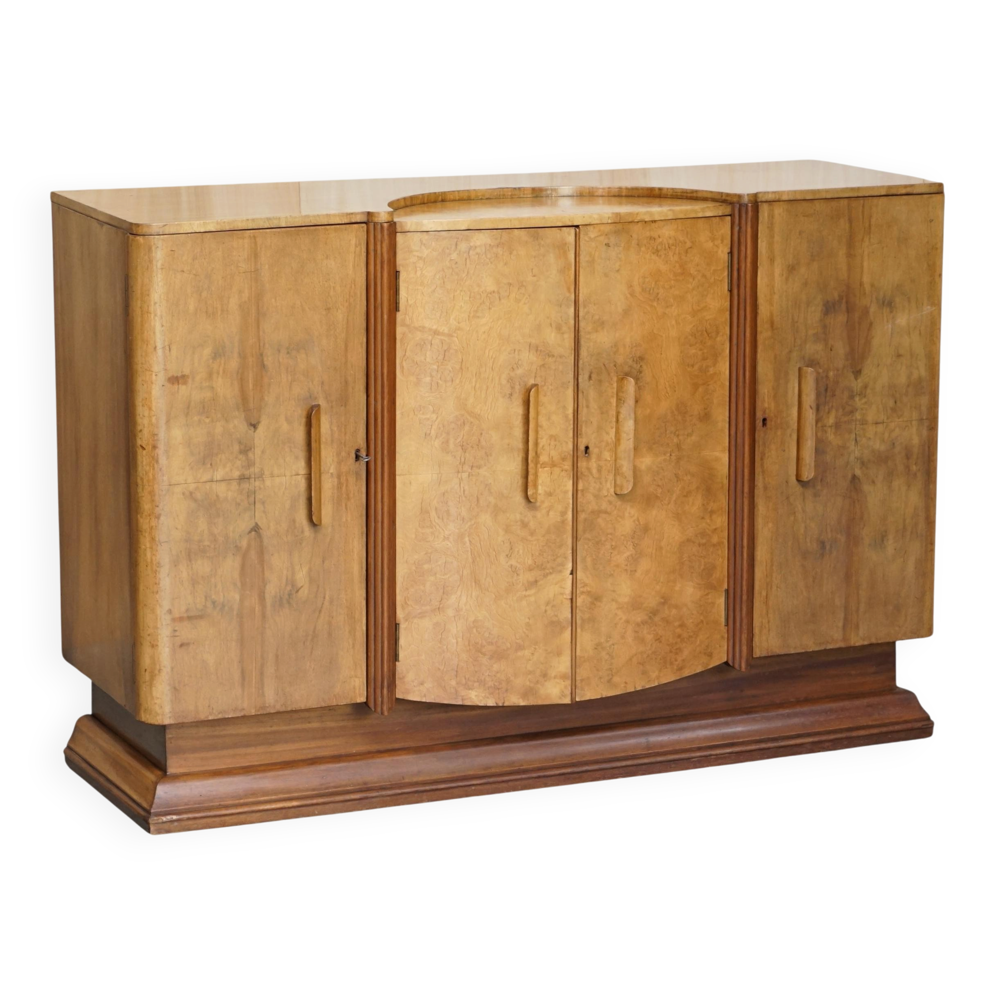 Art Deco walnut burr sideboard with drawers and bar.