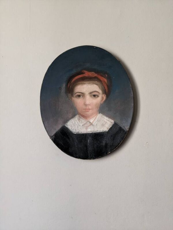 Pastel antique portrait jeune fille tableau ovale décoration campagne XIX