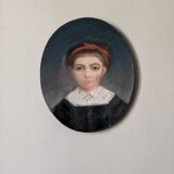 Antique pastel portrait of a young girl, oval painting, countryside decoration, 19th century