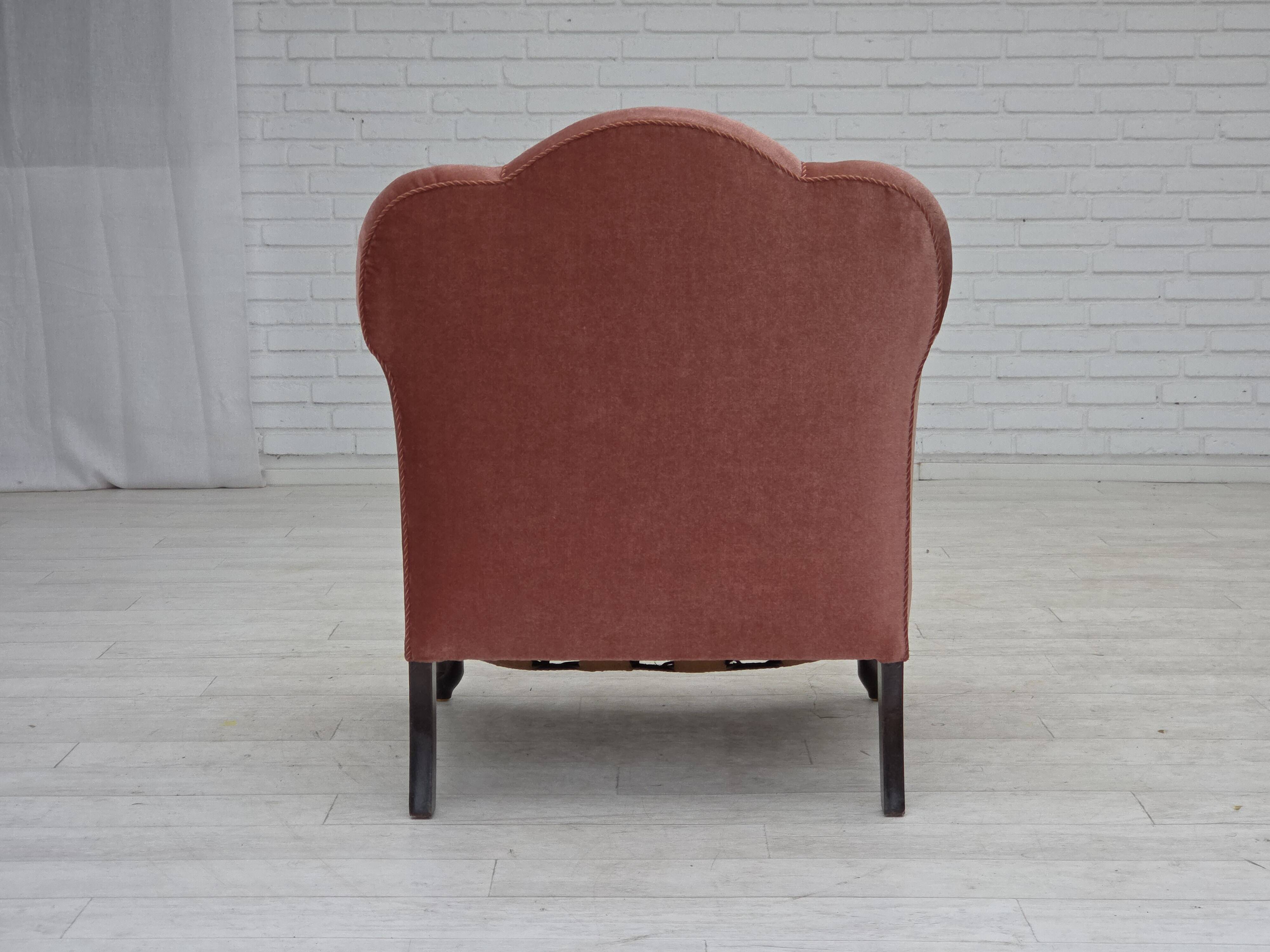 1950s, Danish armchair, salmon pink furniture velour, oak wood.