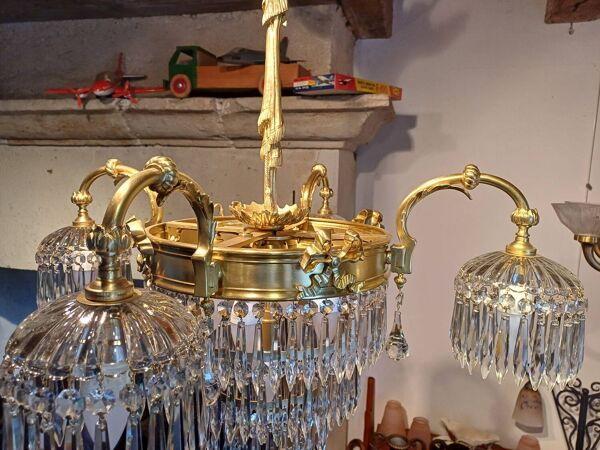 Lustre à pampilles ancien cristal est bronze époque XIXeme