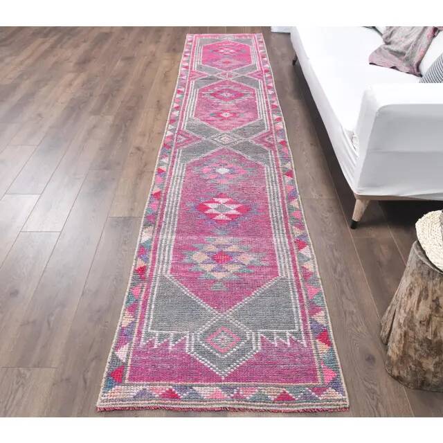 Pink-gray vintage Turkish hand-knotted tribal runner 79x390