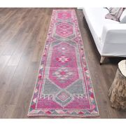 Pink-gray vintage Turkish hand-knotted tribal runner 79x390