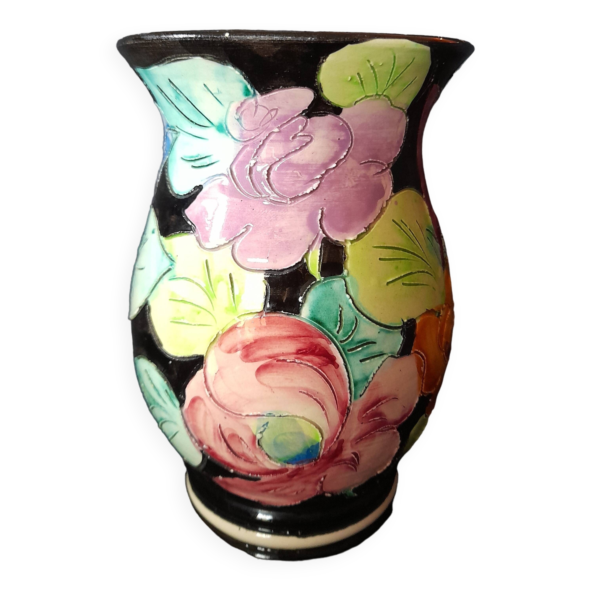 Vallauris glazed ceramic vase with incised flower decoration