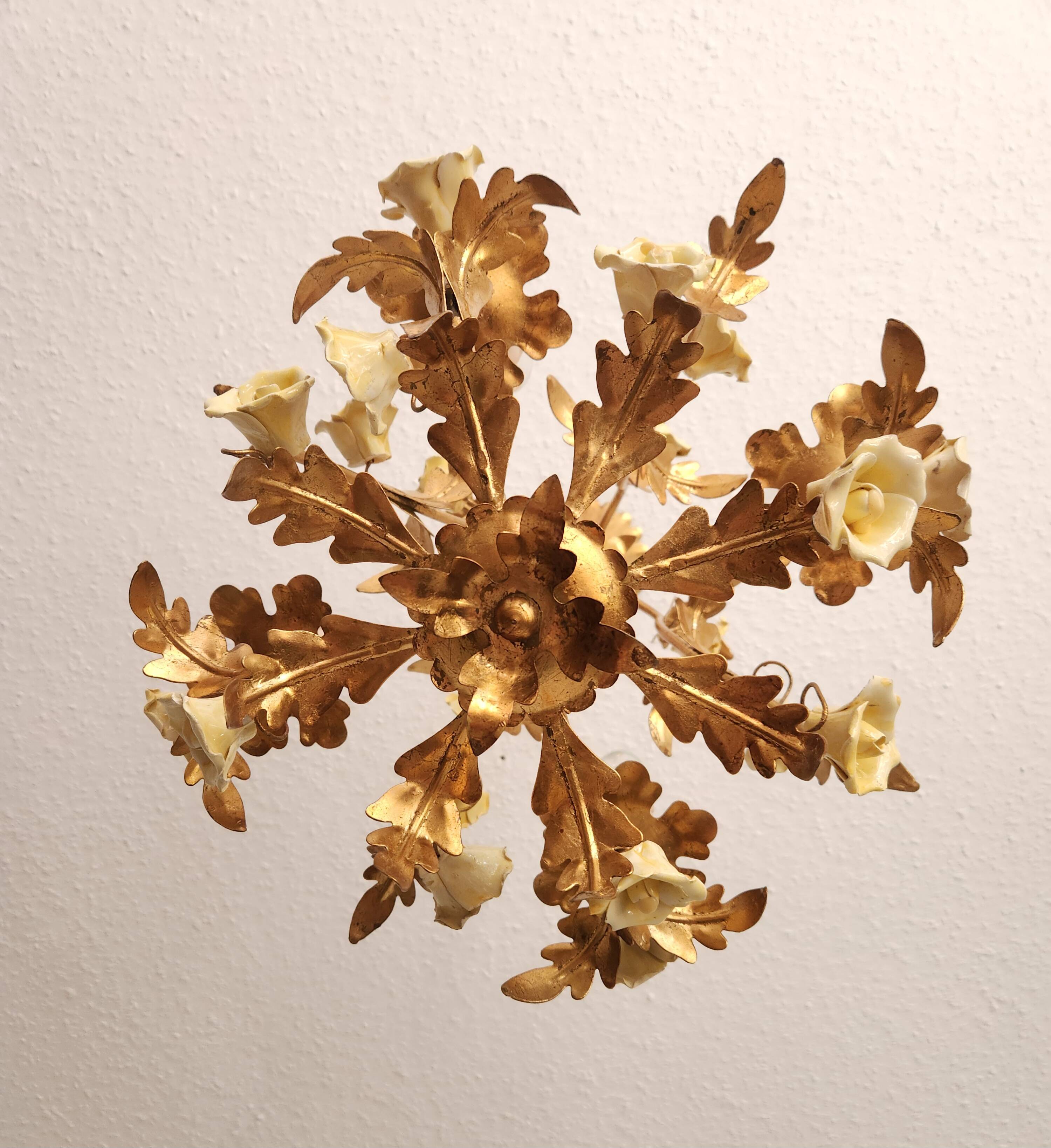 Vintage gilded hand-forged Florentine ceiling light with porcelain roses.