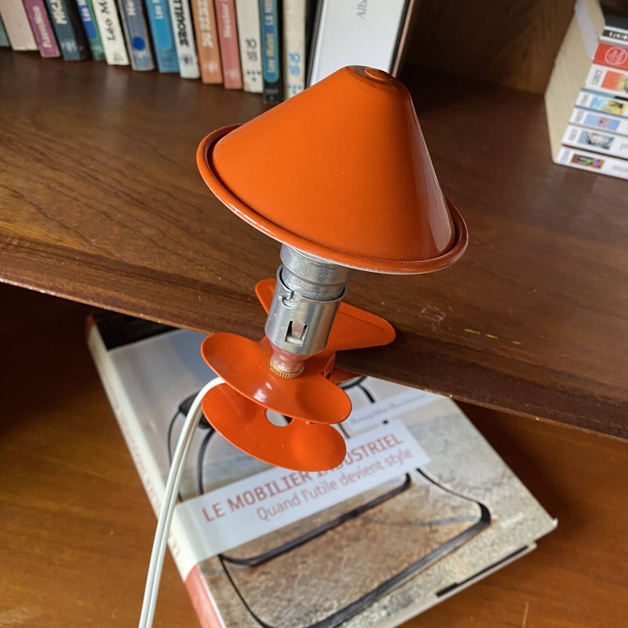Small orange metal mushroom clip lamp vintage night light