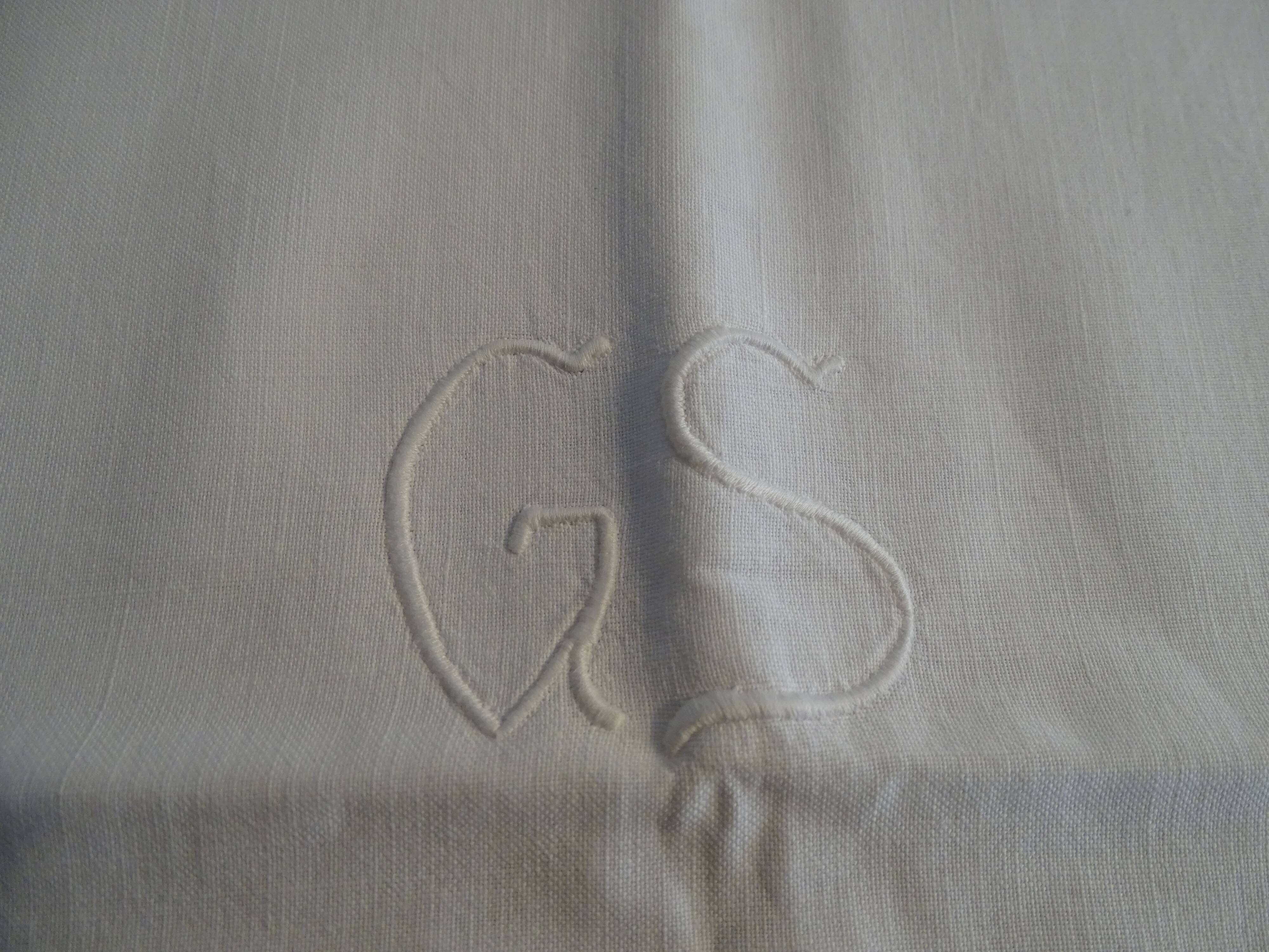 2 antique pillowcases embroidered with monograms GS cotton 78 cm x 75 cm