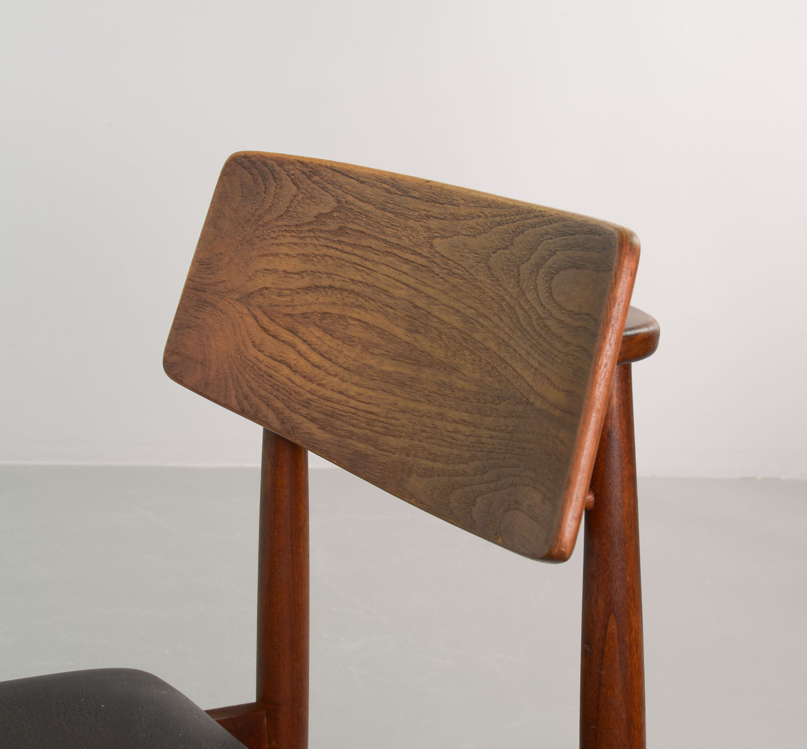 Danish Solid Teak Wooden Dining Chairs with Black Leatherette Seating 1960s