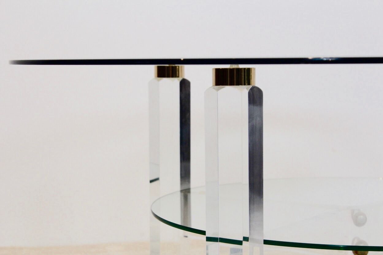 Coffee table lucite, brass & glass, Belgium 1970