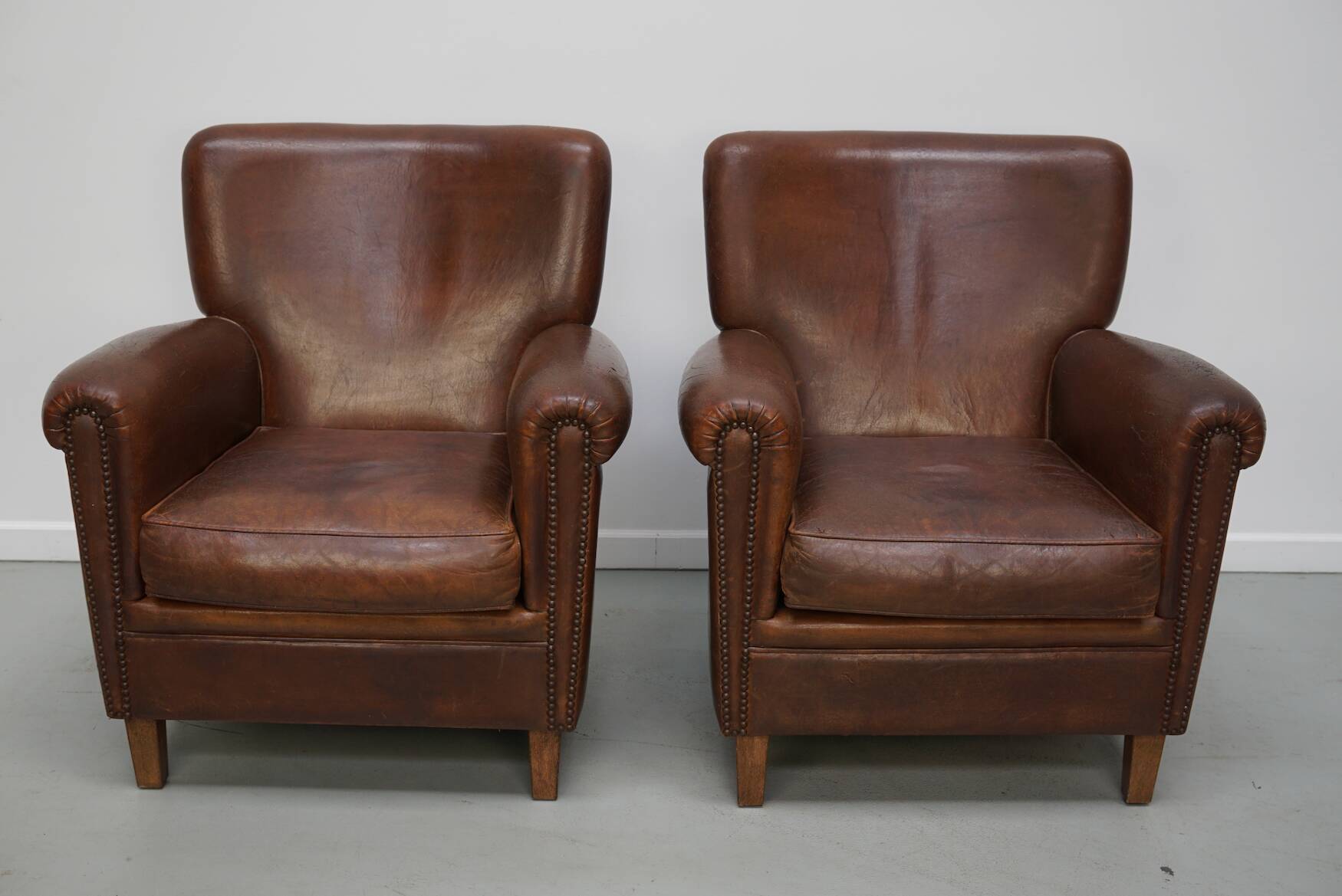 Vintage Dutch Cognac Colored Leather Club Chair, Set of 2