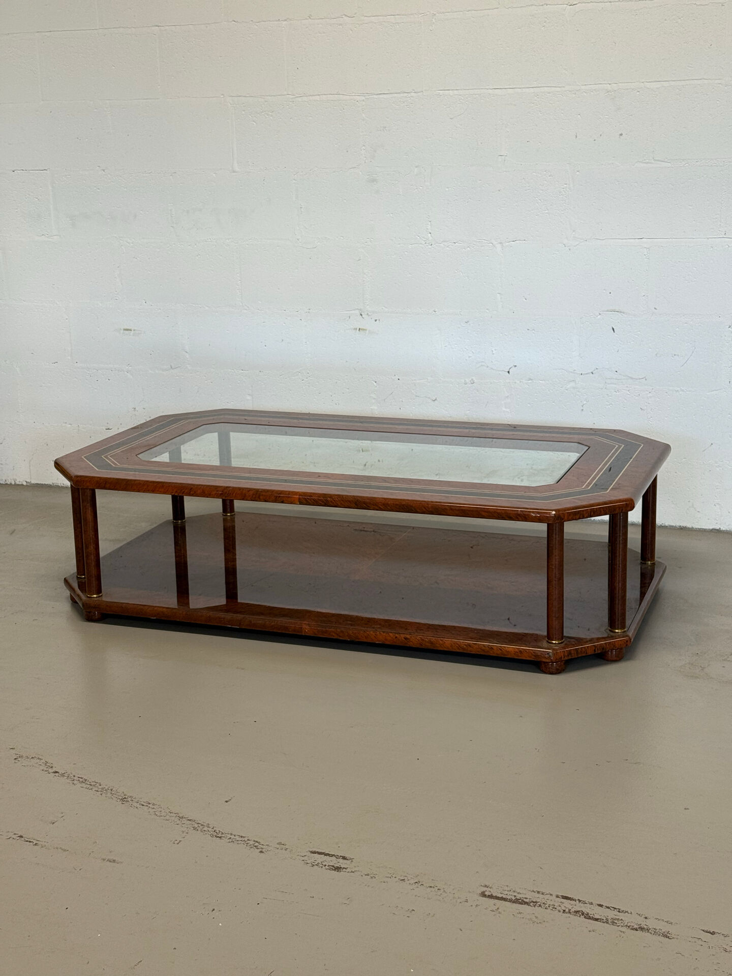 Vintage Octagonal Coffee Table — Glass Top, Brass Details & Two-Tier D