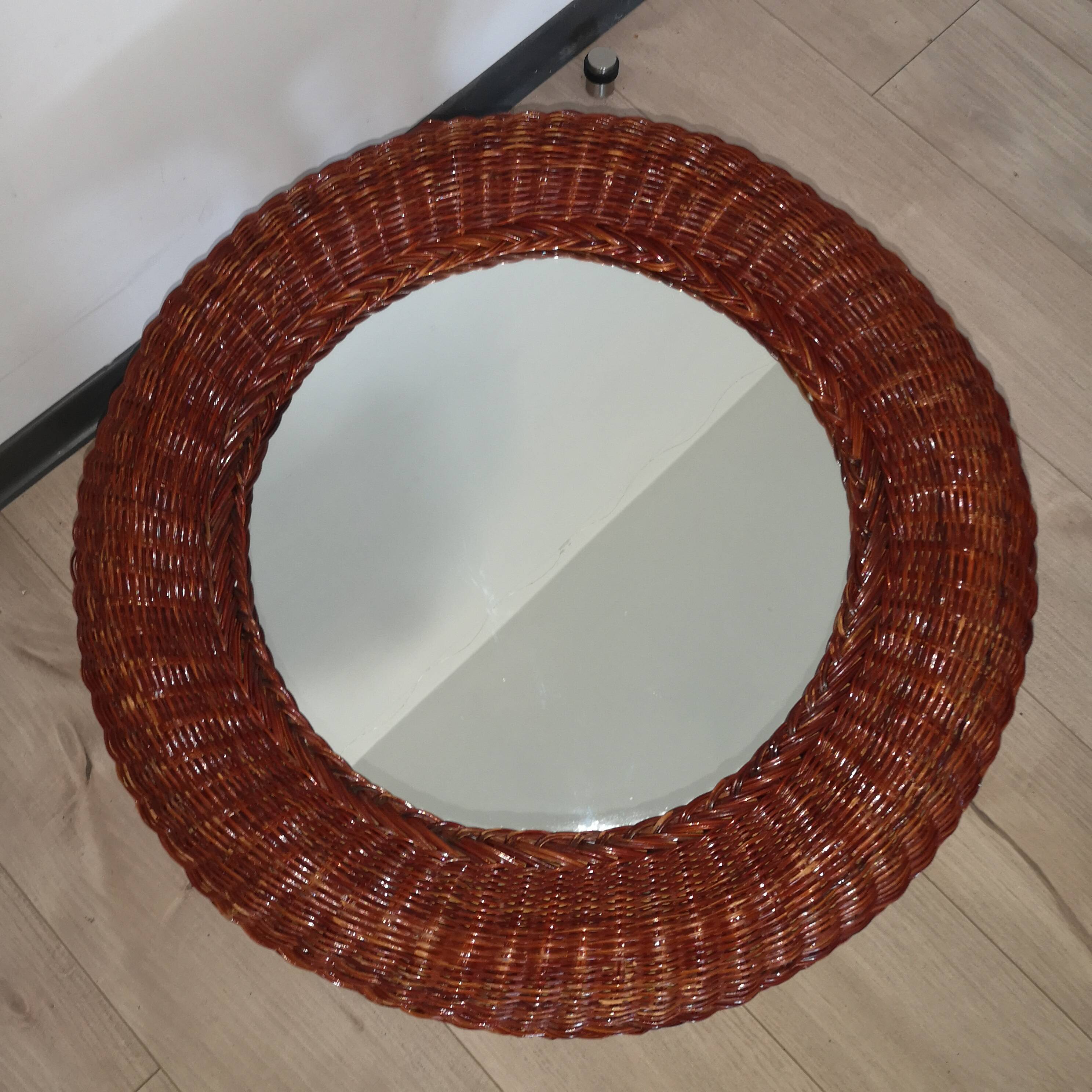 Woven wicker mirror vintage italy 1970