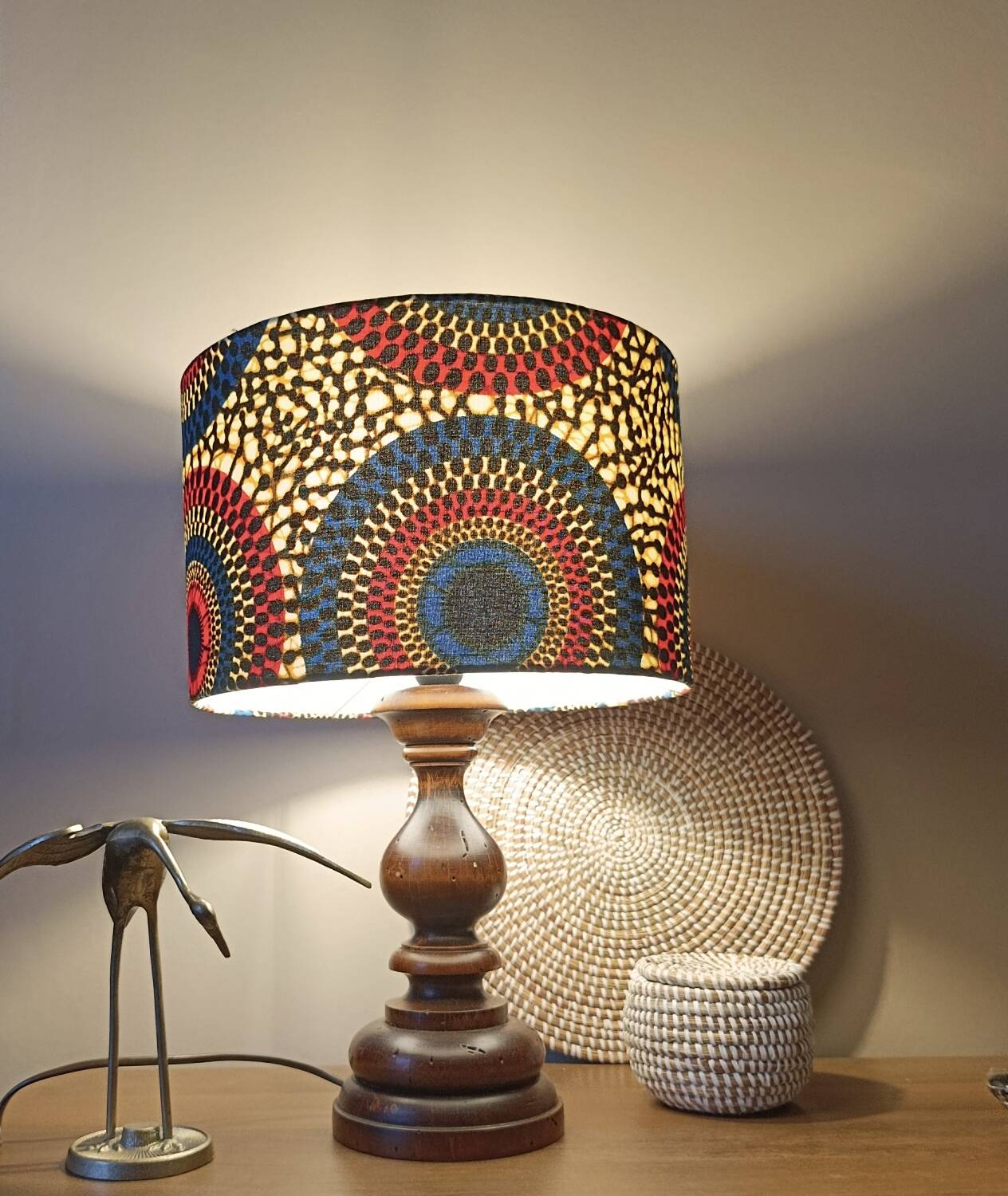 rustic chic solid wood lamp, ethnic wax lampshade with circles